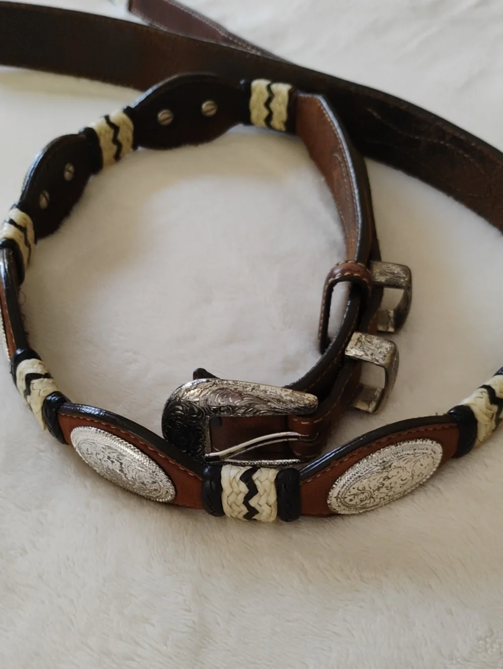 Women's Western  Leather Belt with Silver Look Conchos and Cream Braided Accents